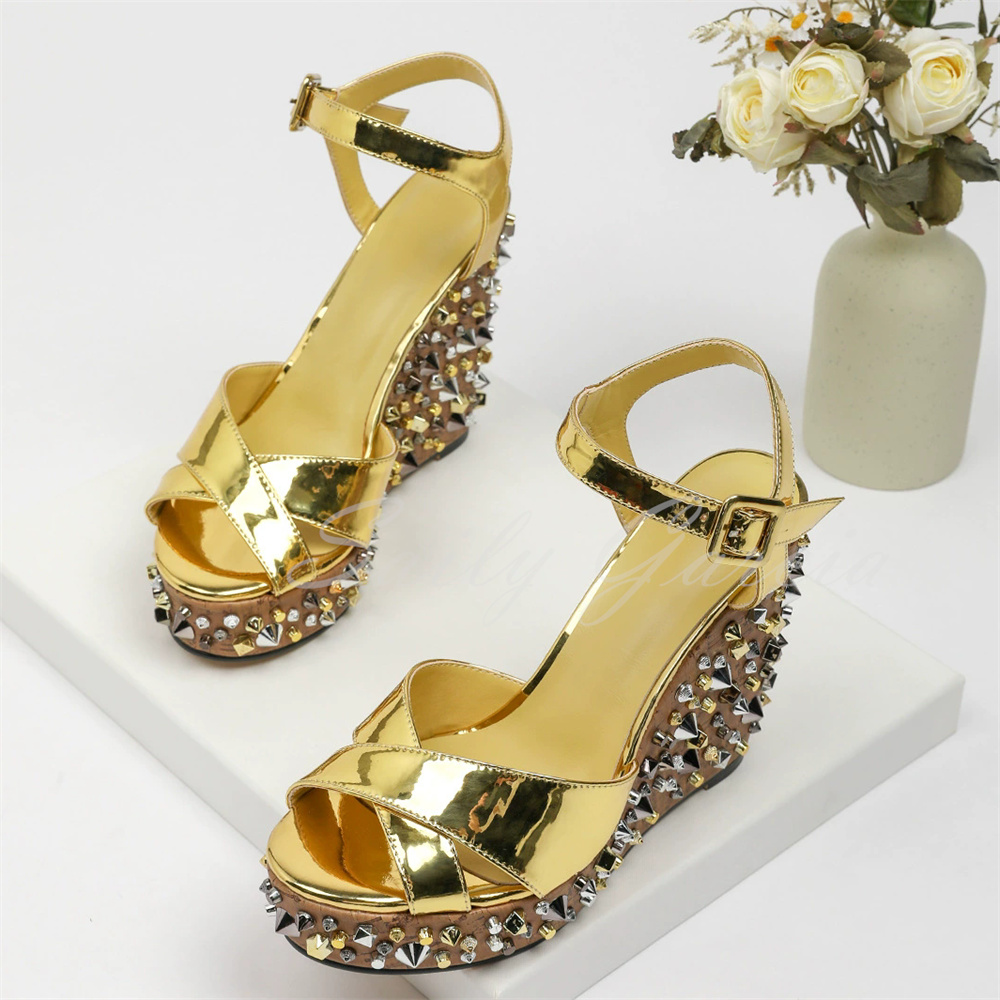 Women'S Shoes Trendy - Gold Rivets Decor Wedge Heel Sandals