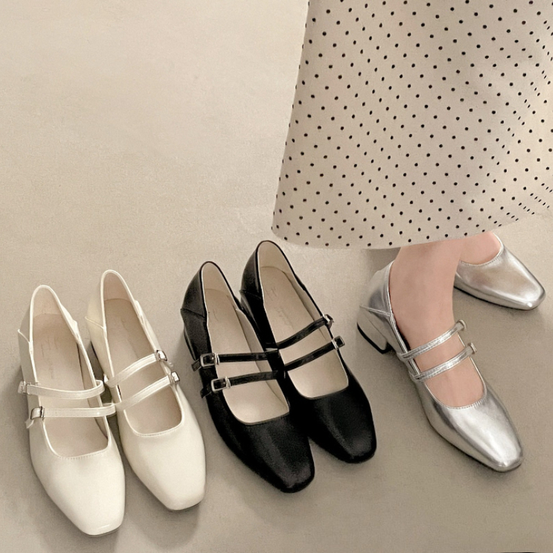 Women Shoes Size - Square Toe Low Heel Women Silvery