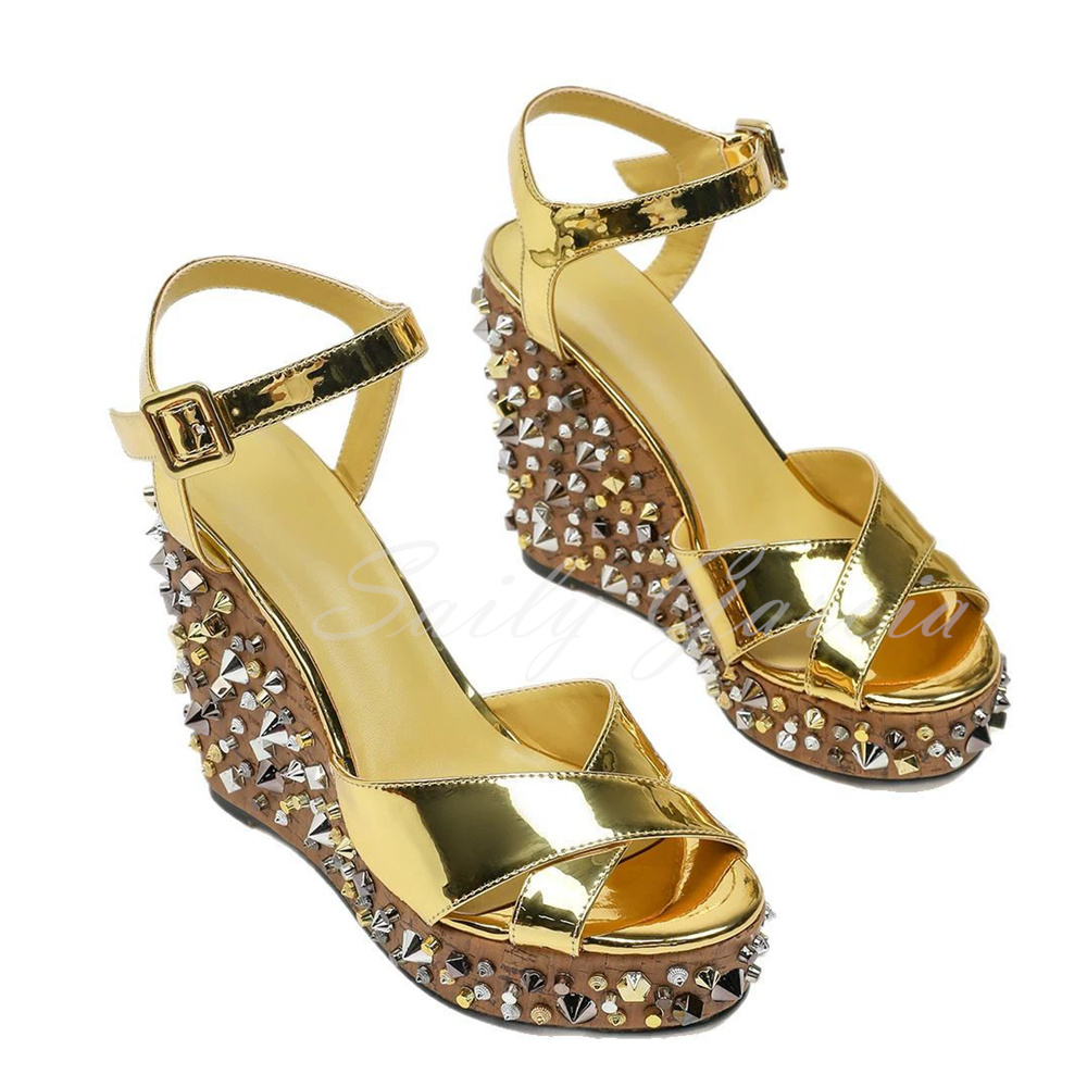 Gold Rivets Decor Wedge Heel S - Women'S Shoes Trendy บทวิจารณ์และราคา
